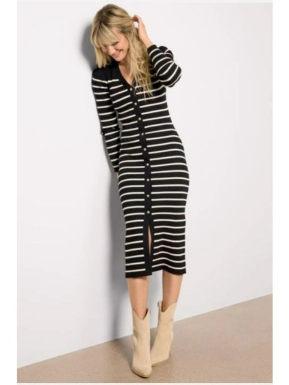 Evereve Striped Ribbed Knit Long Button-Up Cardigan Dress Black & White Size M